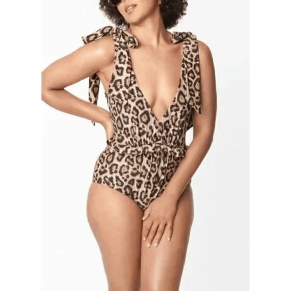 Unique Vintage Other - Unique Vintage Leopard Print Tie-Shoulder One-Piece Swimsuit in Tan and Black
